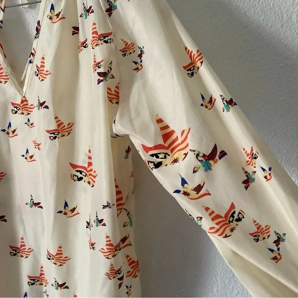 Colorful Bird Blouse Boho Cottagecore Americana Patriotic XXL Chiffon Tie Neck